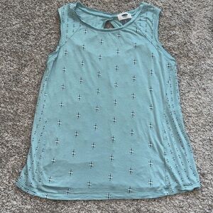 Light blue/mint tank top with black/white pattern. Key hole back. Small.